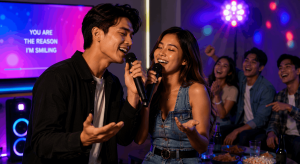 Two friends singing a karaoke duet with microphones while their group cheers during a lively home party.