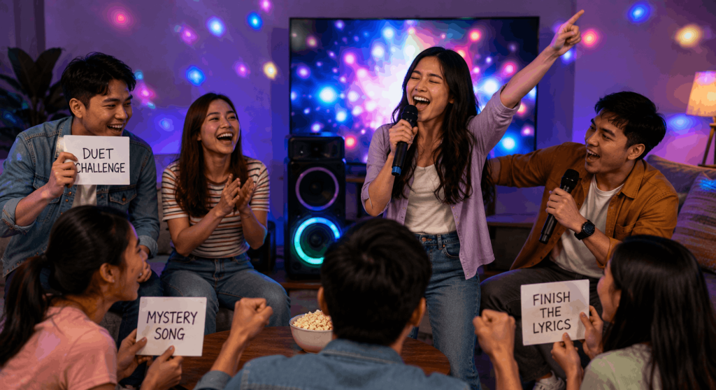 Friends enjoying fun karaoke challenges with microphones, music games, colorful lights, and group singing at home.