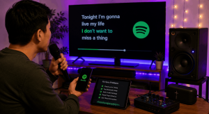 Man troubleshooting Spotify karaoke sync problems with a microphone, TV, phone, speaker, and home audio setup.
