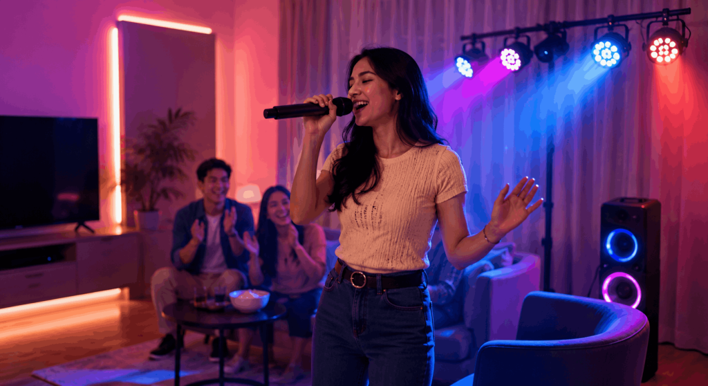 Woman singing karaoke at a home party with colorful LED lighting effects, speakers, and friends.