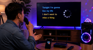 Home karaoke singer troubleshooting YouTube track lag with a TV, microphone, Wi-Fi router, and speaker.