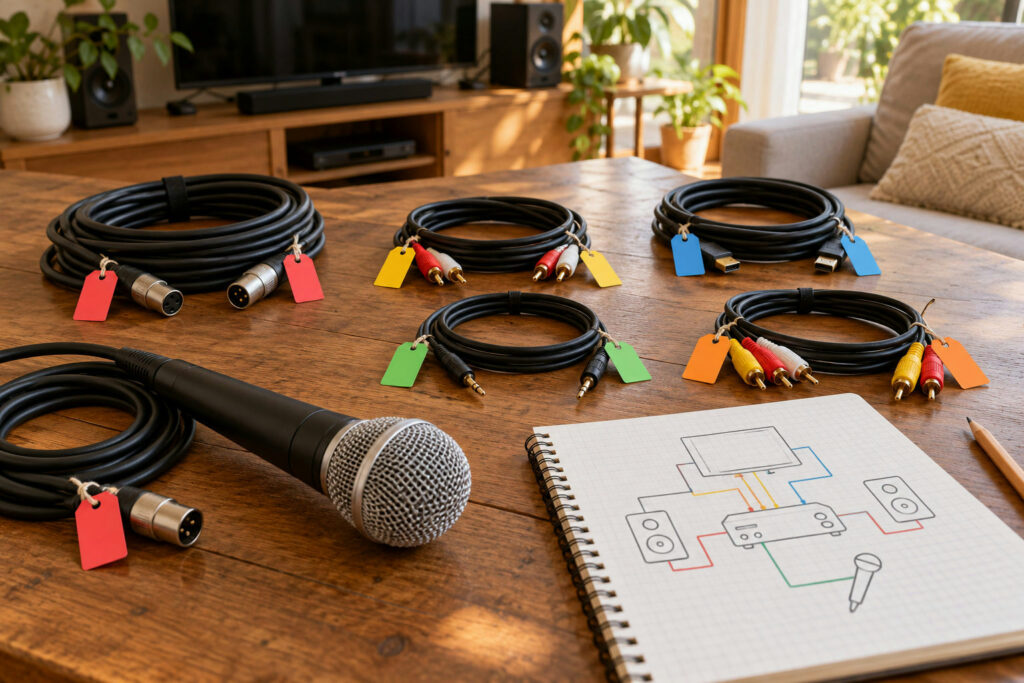 Etiquetas de cables karaoke en un inventario con micrófono, cables de audio y vídeo y mapa de conexiones.