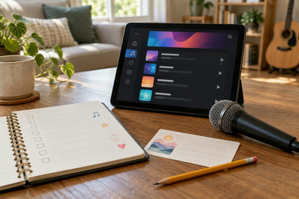 Ficha de pista karaoke junto a una tableta, un micrófono y un cuaderno para registrar la versión ensayada.