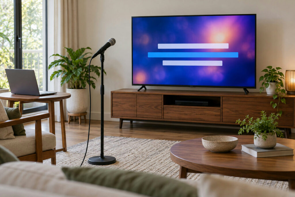 Pantalla de letras karaoke frente al lugar de canto, con el portátil de control en una mesa separada.