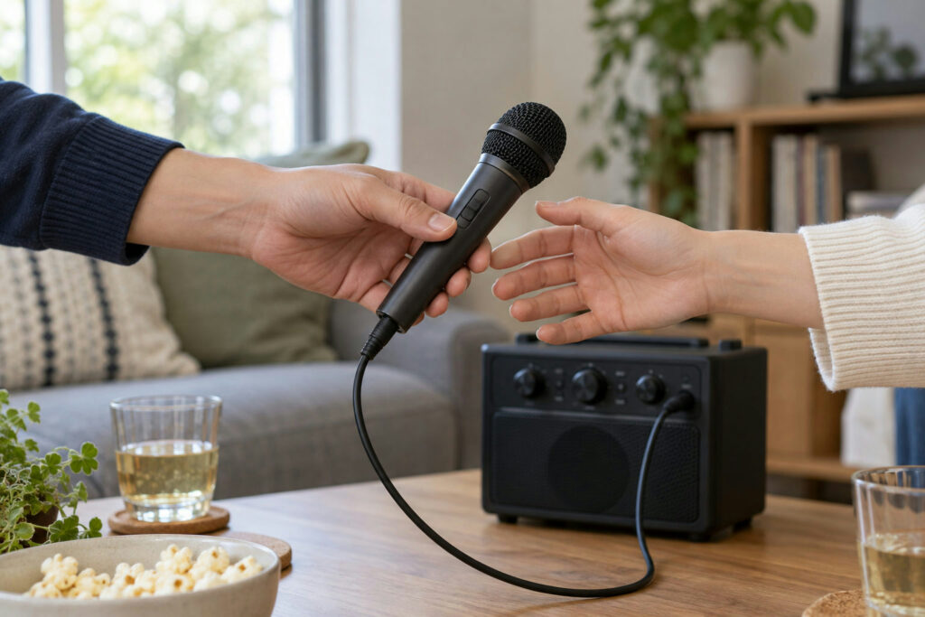 Silenciar el micrófono karaoke y entregarlo por el cuerpo durante un cambio de turno.